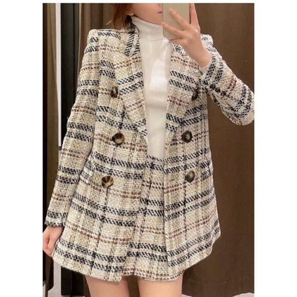 ZARA WOMAN DOUBLE-BREASTED TEXTURED CHECK BLAZER SAND BLACK 2075/299 FW20 Large - Picture 1 of 14